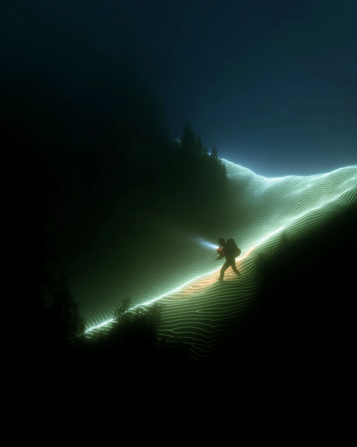 Um viajante inicia a travessia de um caminho luminoso entre montanhas