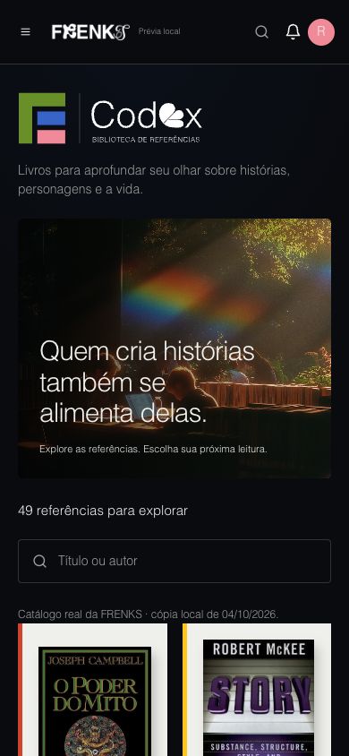Codex no celular, com referências para aprofundar o estudo de histórias