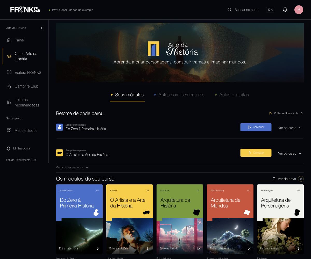 Nova área de membros no computador, com os cinco módulos e a opção de retomar os estudos