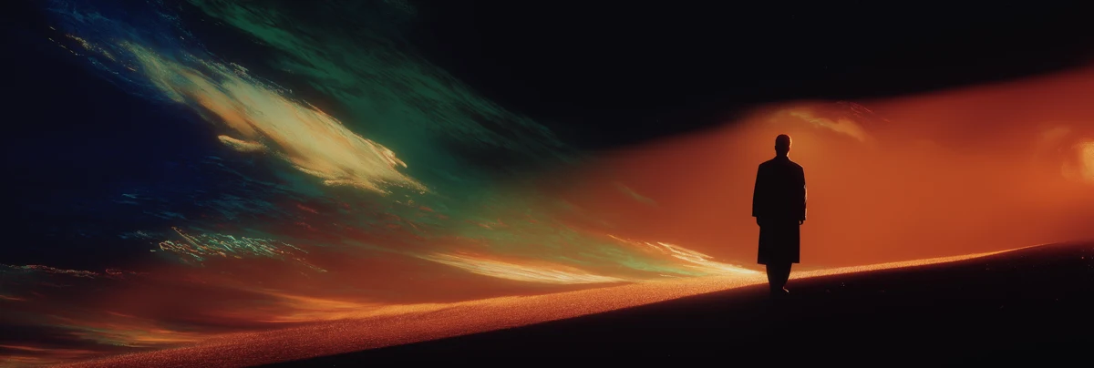 Uma pessoa diante de um horizonte amplo entre a luz e a escuridão